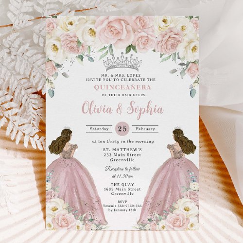 Blush Pink White Floral Twin Girls Quinceaera XV  Invitation