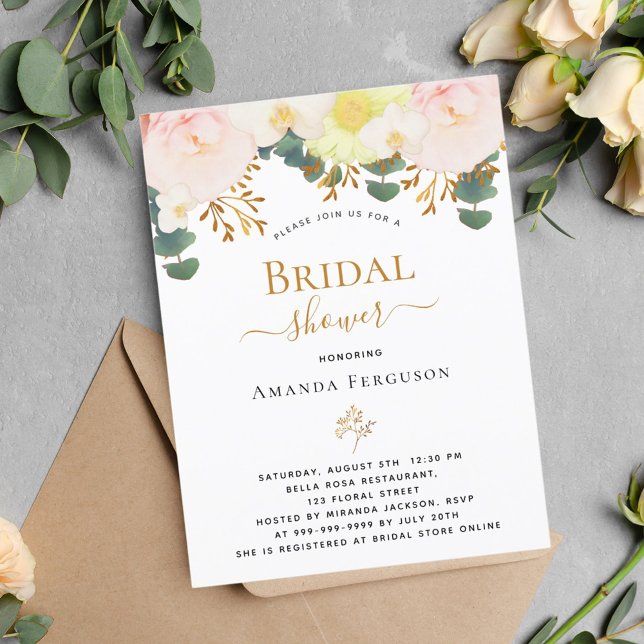 Blush pink white floral yellow bridal shower postcard (Creator Uploaded)