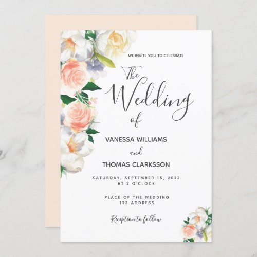 Blush pink white florals elegant wedding invitation