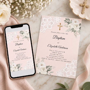 Blush pink white florals lace Baptism Invitation