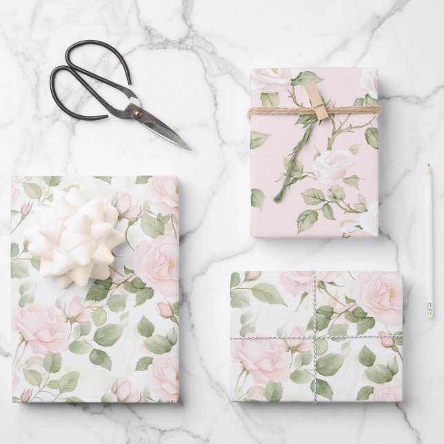 Blush Pink White Flowers Bridal Shower Wrapping Paper Sheets (Front)