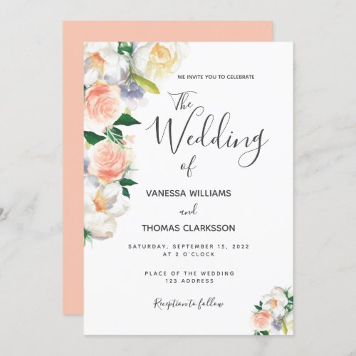 Blush pink white flowers elegant wedding invitation