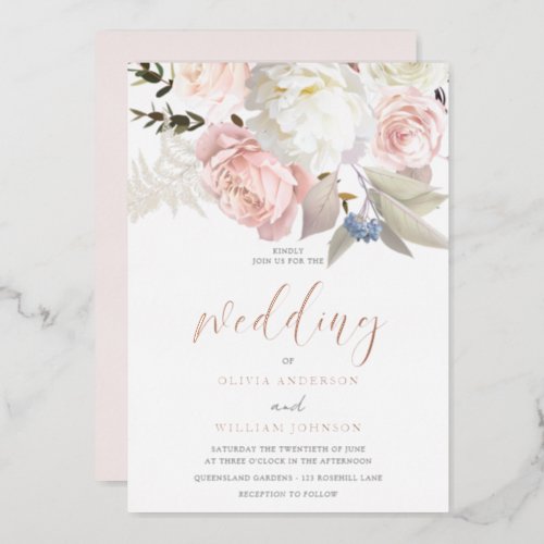 Blush Pink  White Flowers Rose Gold Wedding Foil Invitation