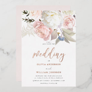 Blush Pink & White Flowers Rose Gold Wedding Foil Invitation
