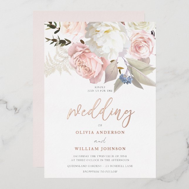 Blush Pink & White Flowers Rose Gold Wedding Foil Invitation (Front/Back)