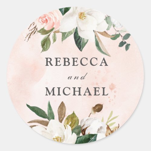 Blush Pink   White Flowers Watercolor Wedding Classic Round Sticker