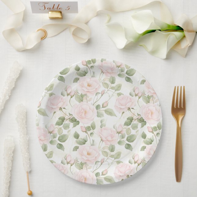 Blush Pink White Flowers Wedding Paper Plates (Wedding)