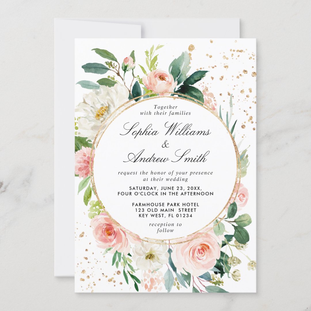 Blush Pink & White Flowers with Gold Dots Wedding Invitation | Zazzle