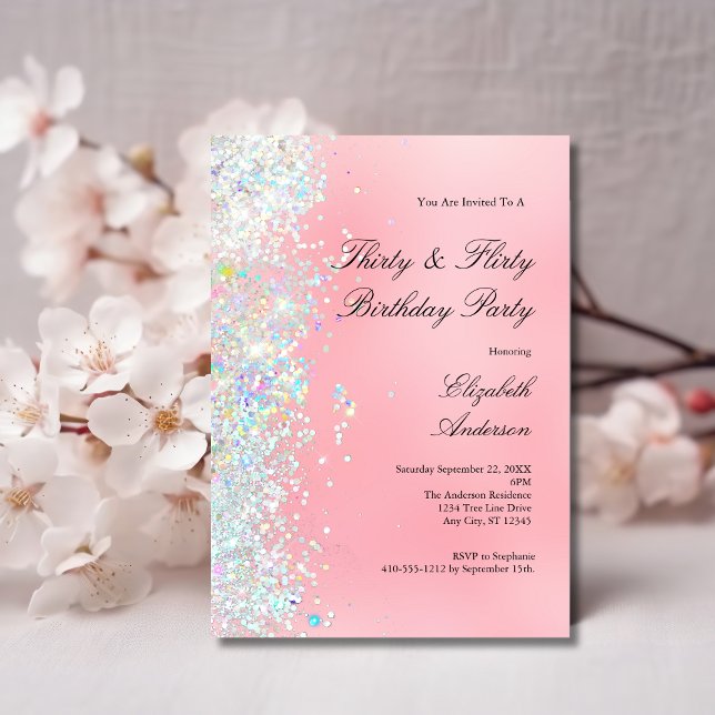 Blush Pink White Glitter 30th Thirty Flirty Birthd Invitation (Blush Pink and White Glitter 30th Thirty and Flirty Birthday Party invitation)