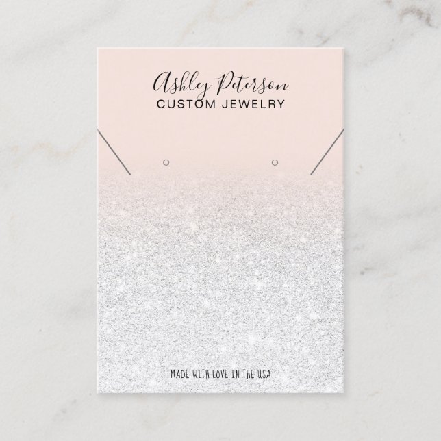 Blush pink white glitter earrings necklace  business card (Front)