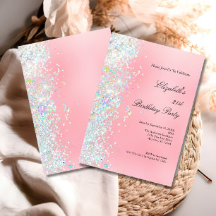 Blush Pink White Glitter Glam Bling 21st Birthday Invitation