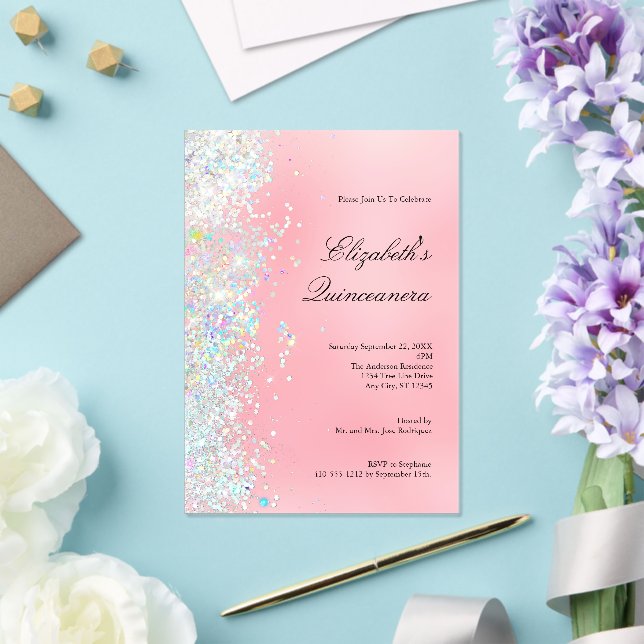 Blush Pink White Glitter Glam Bling Quinceanera Acrylic Invitations (Insitu (Wedding))
