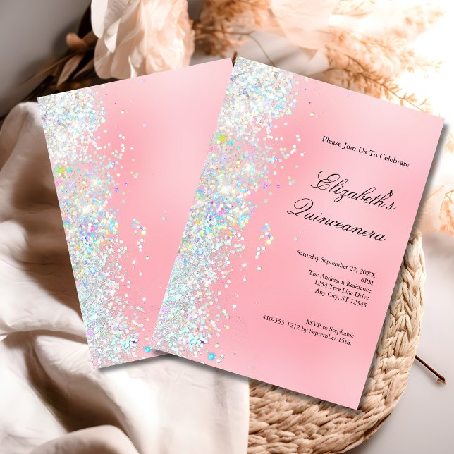 Blush Pink White Glitter Glam Bling Quinceanera Invitation (Blush pink white glitter Glam Bling Modern Trendy Quinceanera 15th birthday invitation)