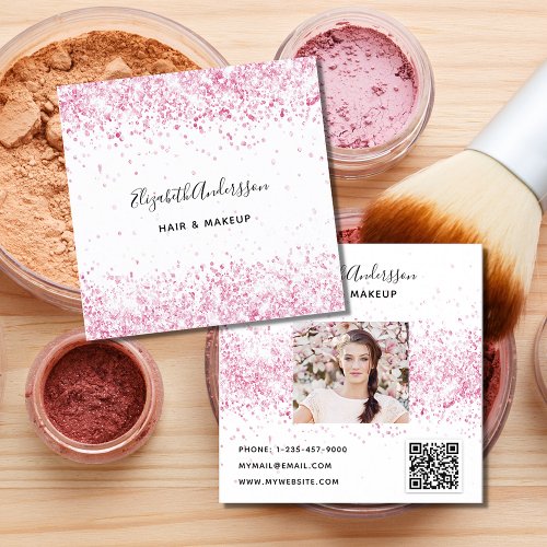 Blush pink white glitter profile photo qr code square business card