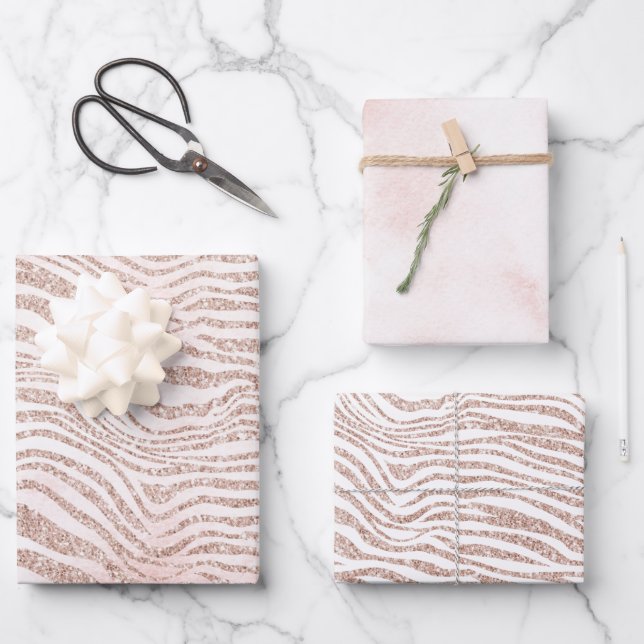 Blush Pink White Glitter Zebra Gold Confetti       Wrapping Paper Sheets (Front)