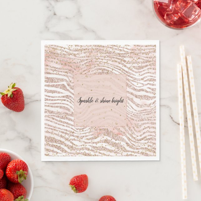 Blush Pink White Glitter Zebra Print Gold Confetti Napkins (Insitu)