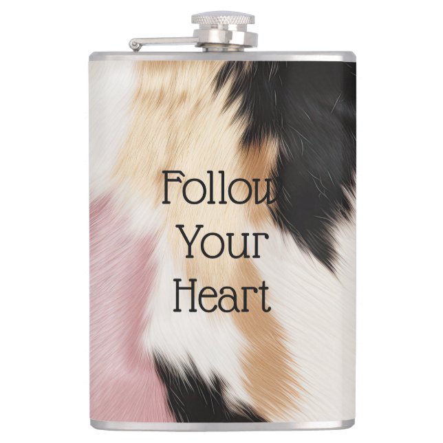 Blush Pink White Gold Black Cowhide Animal Flask (Front)