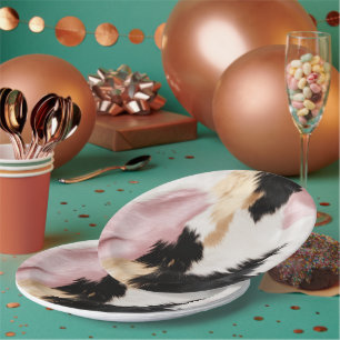 Blush Pink White Gold Black Cowhide Animal Paper Plates