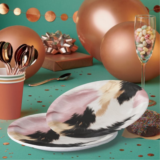 Blush Pink White Gold Black Cowhide Animal Paper Plates (Multi)
