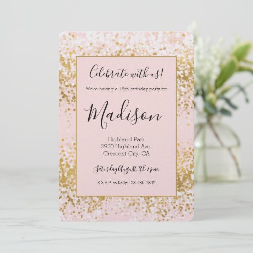 Blush Pink White Gold Confetti Sparkle Birthday Invitation