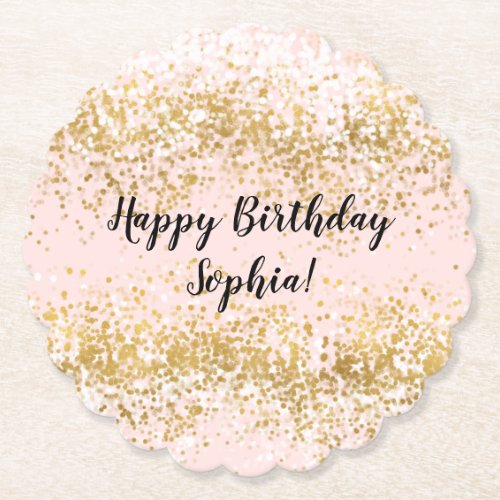 Blush Pink White Gold Confetti Sparkle Birthday Paper Coaster