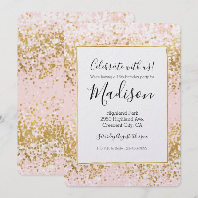 Blush Pink White Gold Confetti Sparkle Invitation (Front/Back)
