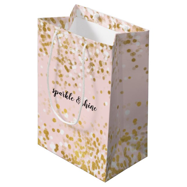 Blush Pink White Gold Confetti Sparkle Medium Gift Bag (Front Angled)