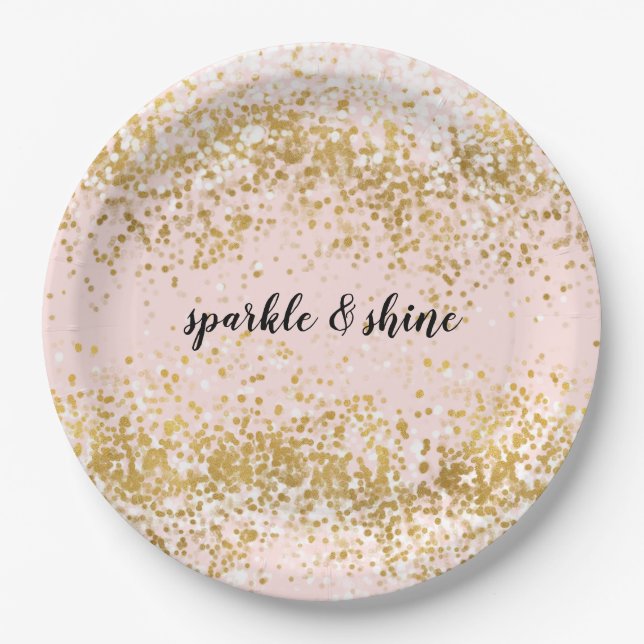 Blush Pink White Gold Confetti Sparkle Paper Plates (Front)