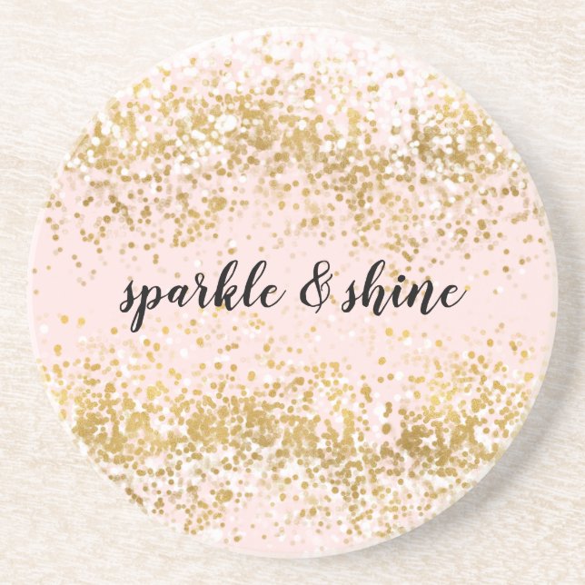 Blush Pink White Gold Confetti Sparkle Sandstone Coaster (Front)