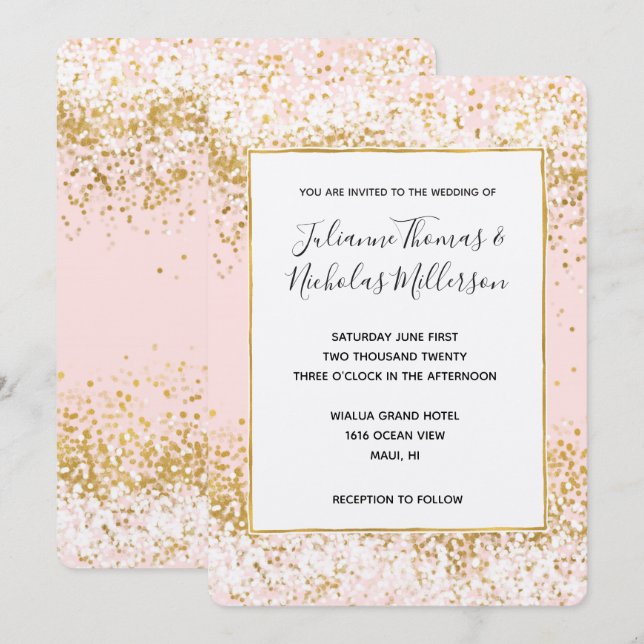 Blush Pink White Gold Confetti Wedding Invites (Front/Back)