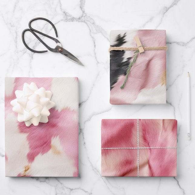 Blush Pink White Gold Cowhide Animal Wrapping Paper Sheets (Front)