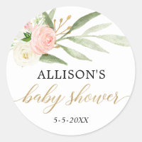 Blush pink white gold floral baby shower stickers