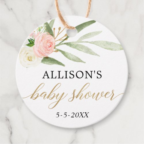 Blush pink white gold floral elegant baby shower favor tags