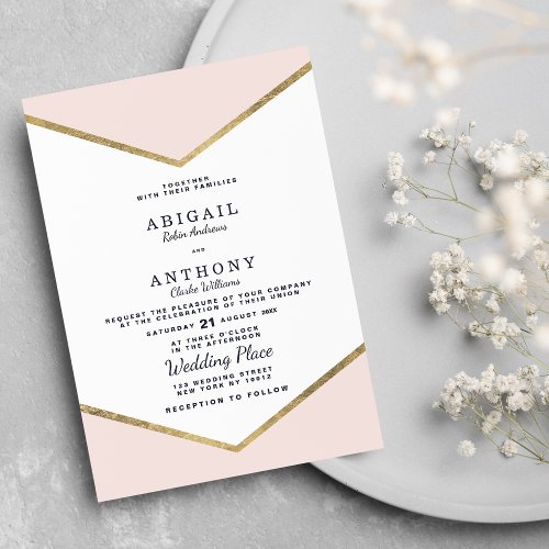 Blush pink white gold geometric wedding theme invitation