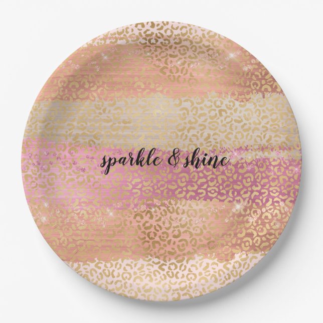 Blush Pink White Gold Girly Glam Leopard Print Paper Plates (Front)