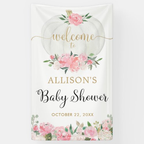 Blush pink white gold pumpkin baby shower backdrop banner