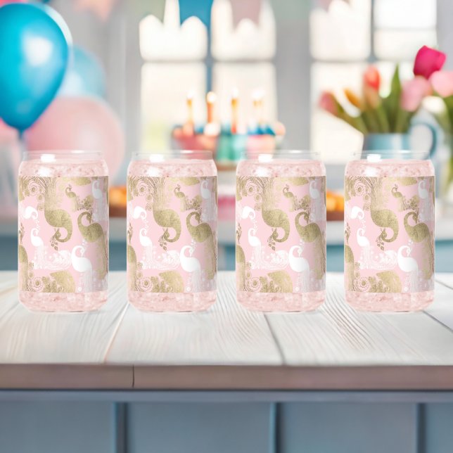 Blush pink white gold royal peacock bird can glass (Insitu (Baby Shower))