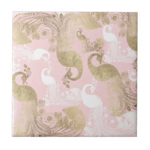 Blush pink white gold royal peacock bird ceramic tile