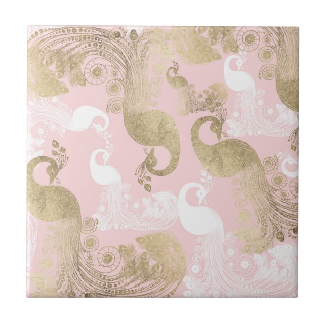 Blush pink white gold royal peacock bird ceramic tile (Front)