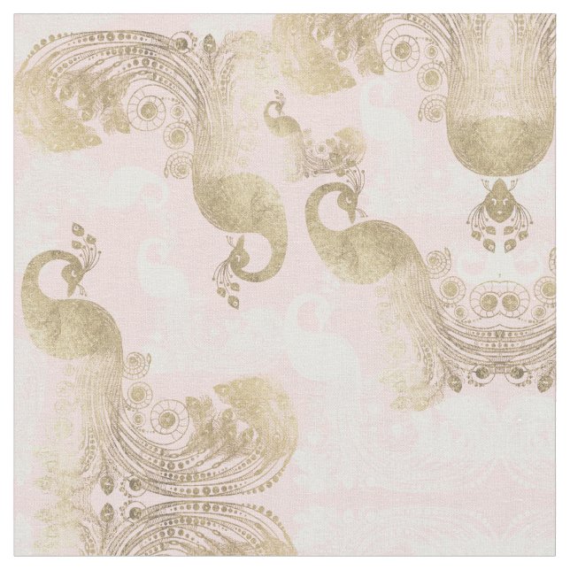 Blush pink white gold royal peacock bird fabric (Close Up)
