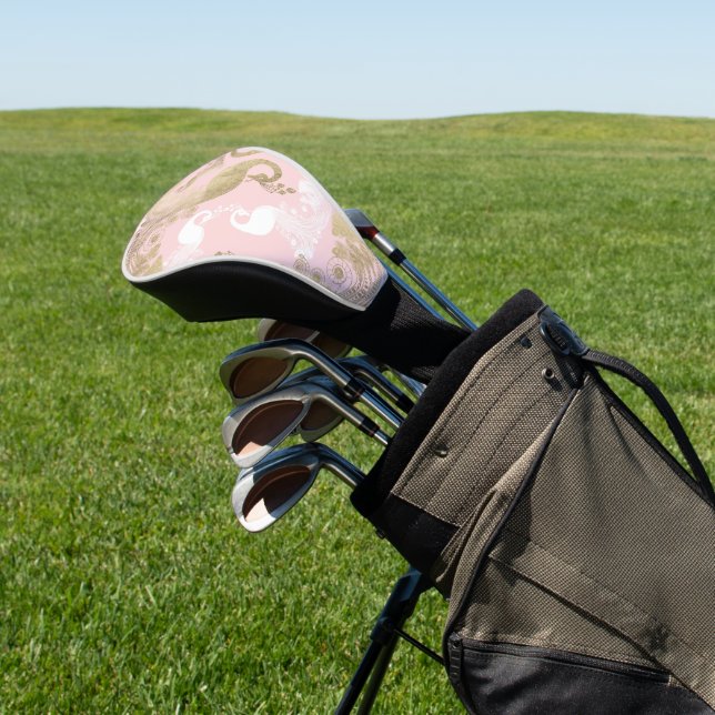 Blush pink white gold royal peacock bird golf head cover (In Situ)