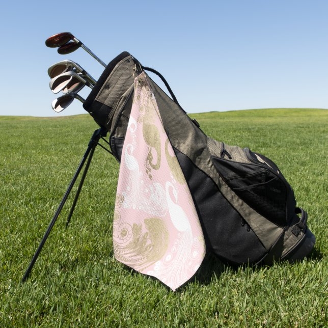 Blush pink white gold royal peacock bird  golf towel (Green)