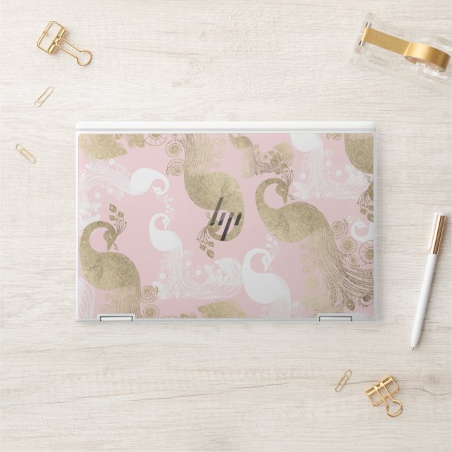 Blush pink white gold royal peacock bird  HP laptop skin (Desk)