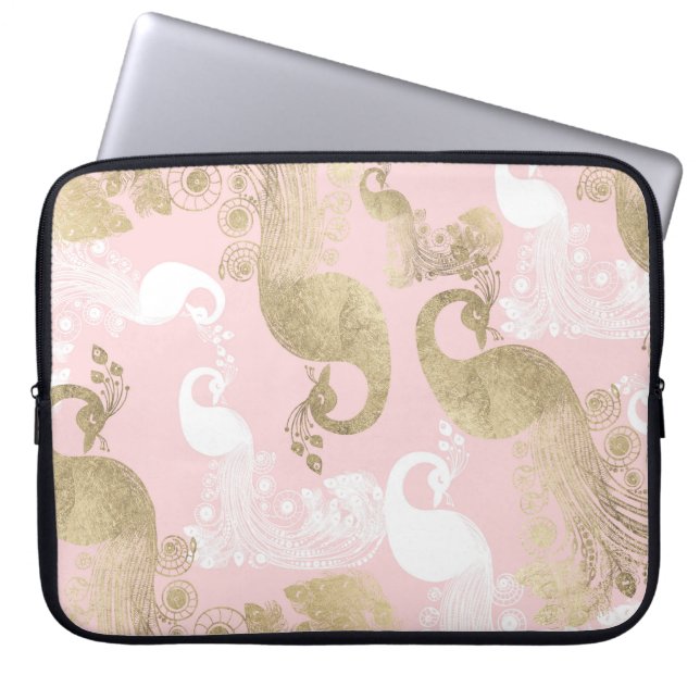 Blush pink white gold royal peacock bird  laptop sleeve (Front)