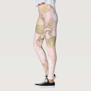 Blush pink white gold royal peacock bird leggings