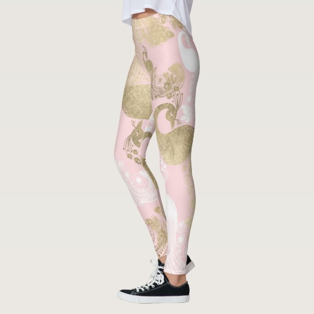 Blush pink white gold royal peacock bird leggings (Left)