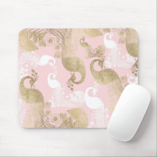 Blush pink white gold royal peacock bird  mouse pad