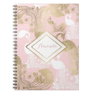 Blush pink white gold royal peacock bird notebook
