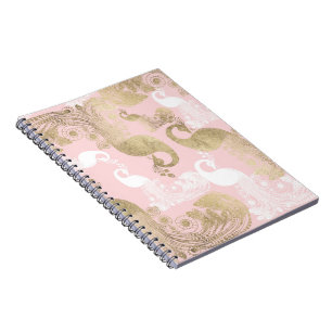 Blush pink white gold royal peacock bird notebook