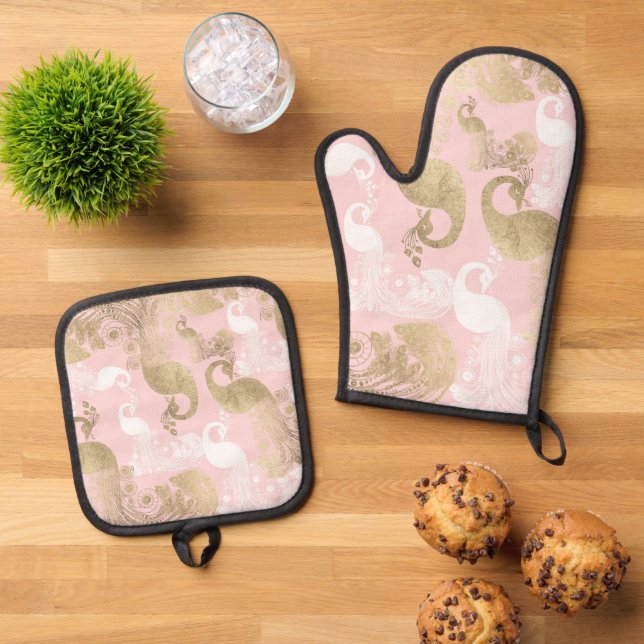 Blush pink white gold royal peacock bird  oven mitt & pot holder set (Top Down)